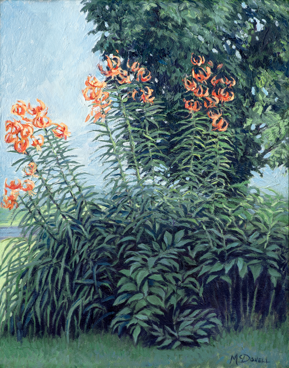 Painting of orange tiger lilies in front of a green maple tree, with light blue sky in  background.