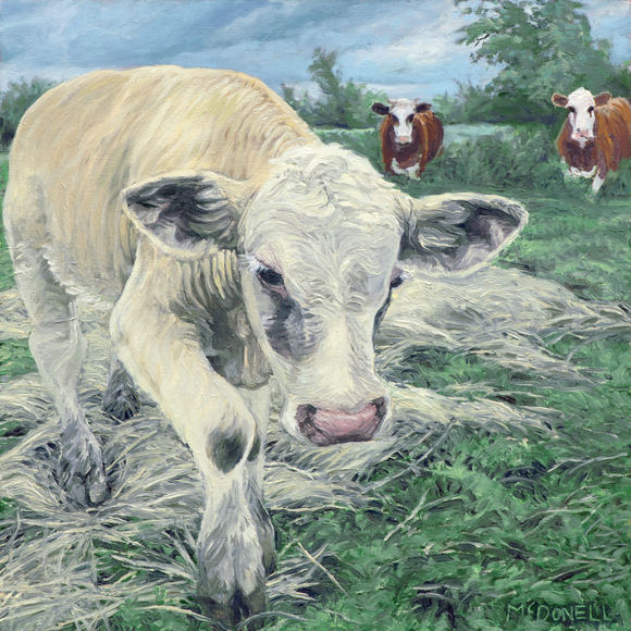 Painting of a blonde bull calf in a grassy field with other reddish-brown cows in the background.
