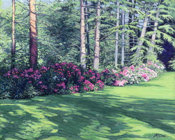 Oil Painting of a flower garden full of pink phlox, with pine trees in the background and a lush green lawn in the foreground.