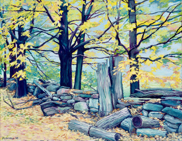 Oil painting of a stone line fence with maple trees & cut logs.   Predominant colours are yellows, gold, greys, green.  